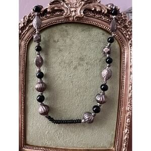 Vintage Tribal Silver Tone Black Bead Necklace Bold Statement Jewelry Artisan